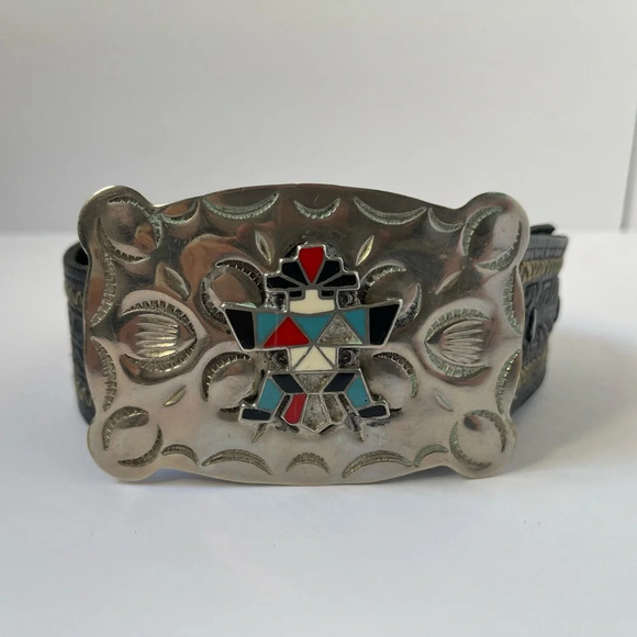 Native American Turquoise Silver Genuine Leather Buckle Tooled Belt black Sz 38 - Picture 2 of 8